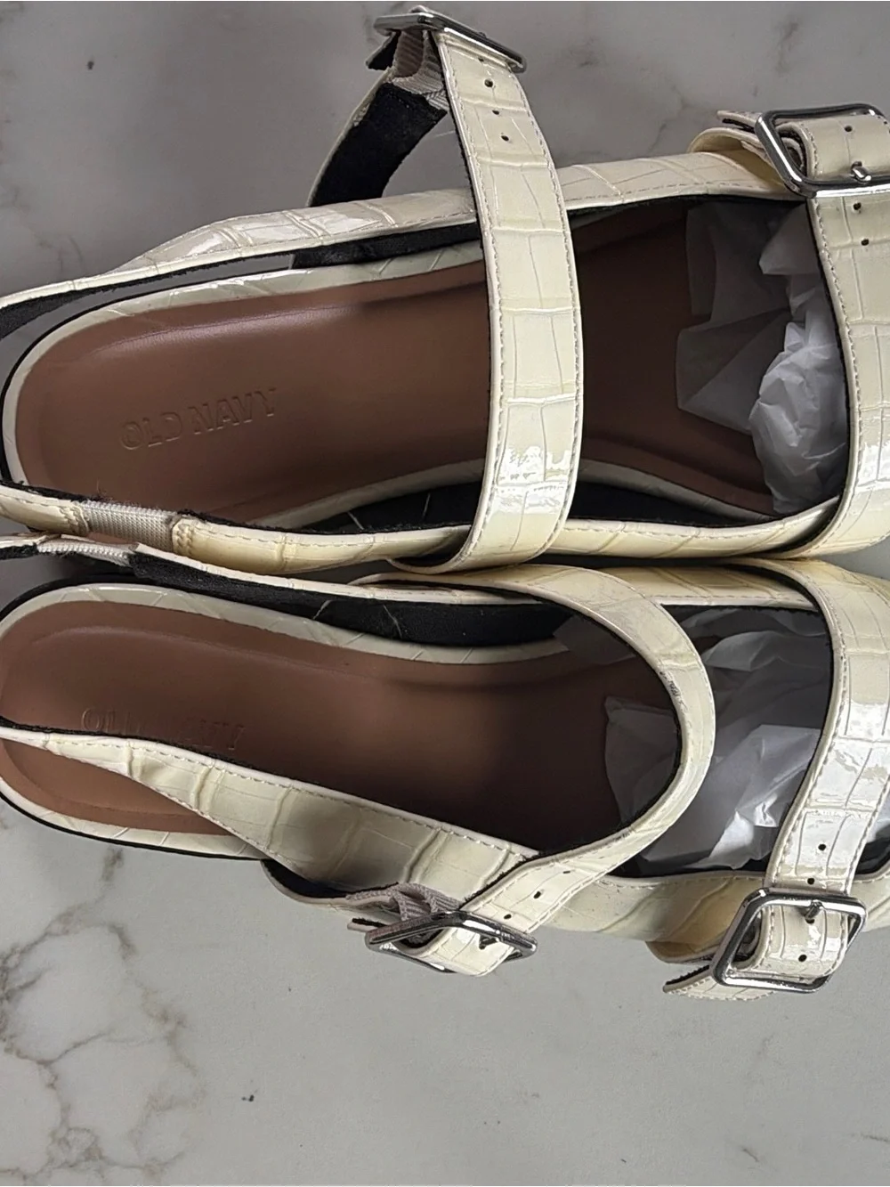 Old Navy Cream Croc-Embossed Pointed Slingback Flats with Dual Buckles